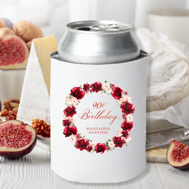 Red Pink Floral 90th Birthday Personalised Can Cooler (Creator Uploaded)