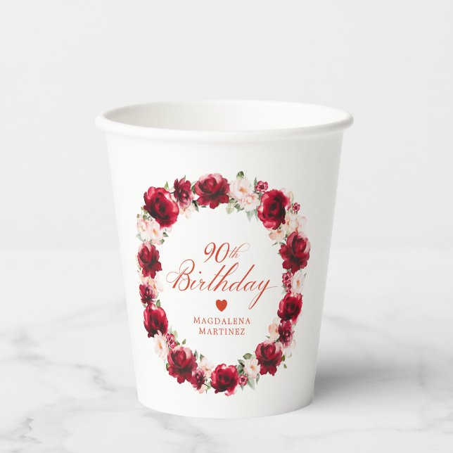 Red Pink Floral 90th Birthday Personalised Paper Cups (Front)