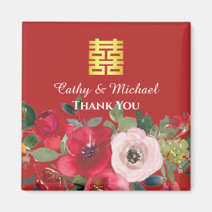 Red pink floral Chinese wedding double happiness Magnet