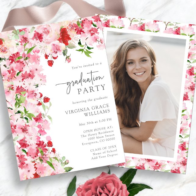 Red Pink Floral Graduation Party Invitation (Watercolor Red Pink Floral Photo Graduation Party Invitation by Painted Paperie
)