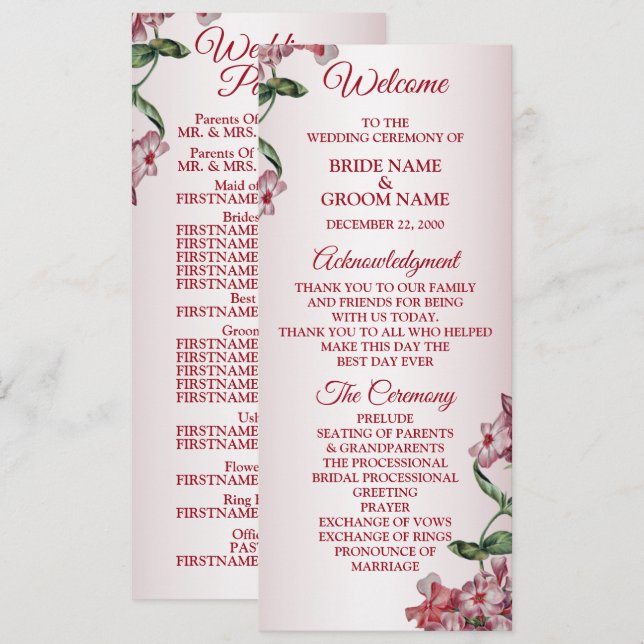 Red Pink Floral Green Leaves Modern Wedding Program (Front/Back)