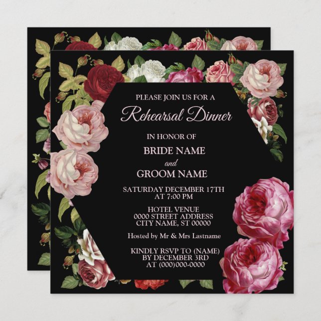 Red Pink Floral Greenery Black Rehearsal Dinner Invitation (Front/Back)