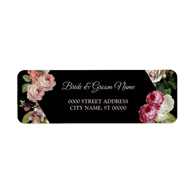 Red Pink Floral Greenery Black Return Address Label (Front)