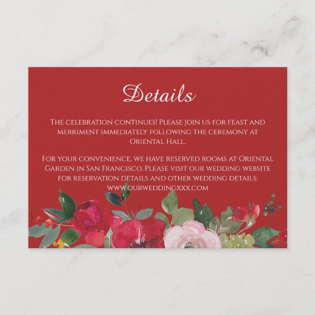 Red pink floral modern chinese wedding details enclosure card (Front)
