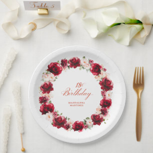 Red Pink Floral Personalised 18th Birthday Party Paper Plate