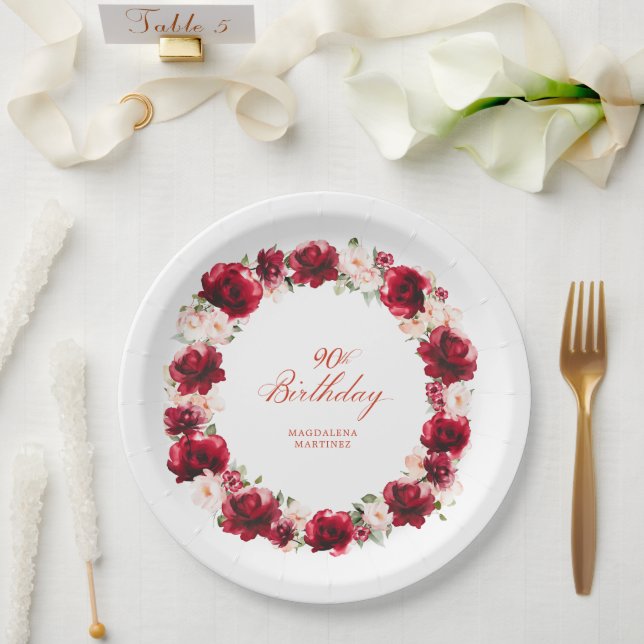 Red Pink Floral Personalised 90th Birthday Party Paper Plate (Wedding)