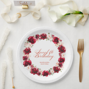 Red Pink Floral Personalised Sweet 16  Birthday Paper Plate