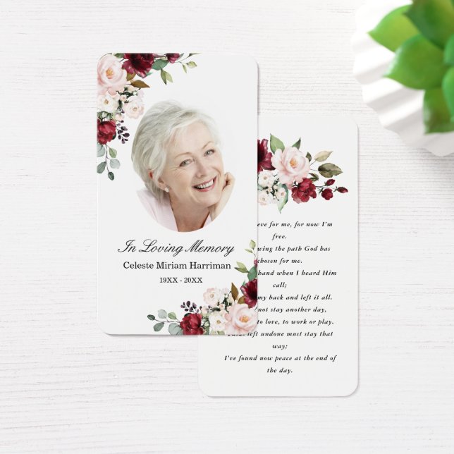 Red Pink Floral Photo Funeral Prayer Card (Desk)