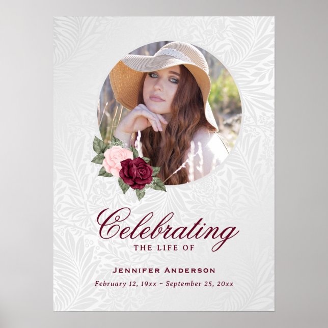 Red Pink Floral Photo Memorial Funeral Sign (Front)