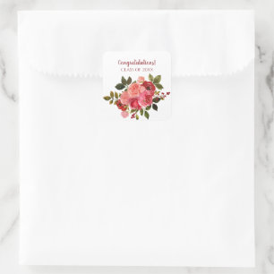 Red Pink Floral Rose Graduation Square Sticker