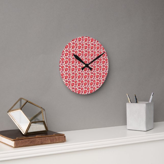 Red Pink Floral Seamless Pattern Dark Aesthetic  Round Clock (Office)