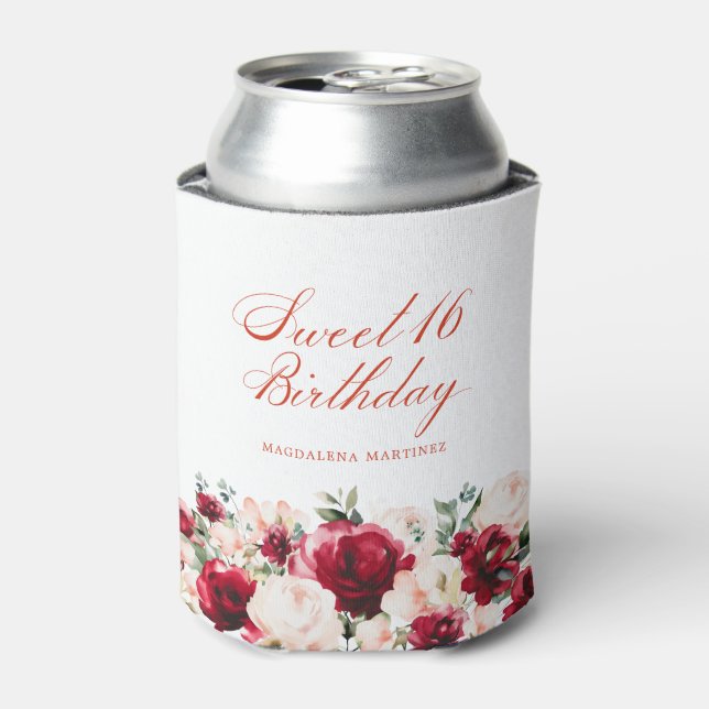 Red Pink Floral Sweet 16 Birthday Personalised Can Cooler (Can Front)