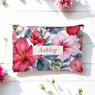 Red Pink Floral Watercolor Elegant Accessory Pouch