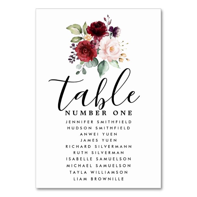 Red Pink Floral Wedding Guest Seating Chart Table Number (Front)