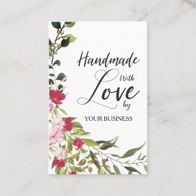 Red & Pink Floral Wreath Handmade with Love Quote Business Card (Front)