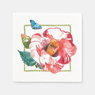 Red Pink Flower Camellia Blue Butterfly Napkin