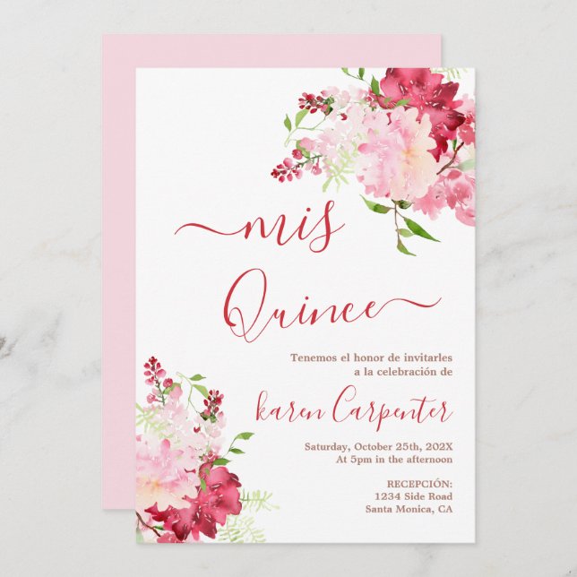 Red pink flower Quinceanera Invitation (Front/Back)