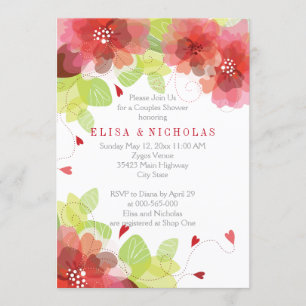 Red, pink flowers floral wedding couples shower invitation
