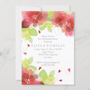 Red & pink flowers floral wedding rehearsal dinner invitation