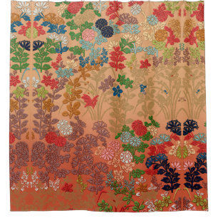 RED PINK FLOWERS,LEAVES ANTIQUE JAPANESE FLORAL SHOWER CURTAIN