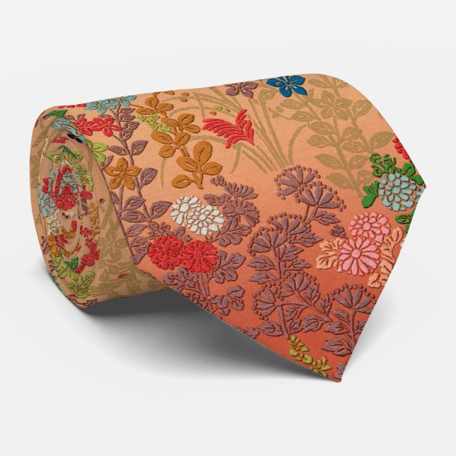 RED PINK FLOWERS,LEAVES ANTIQUE JAPANESE FLORAL TIE (Rolled)