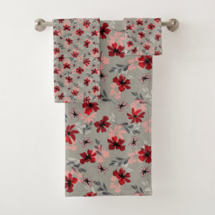 Red pink flowers on a grey background. bath towel set