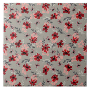 Red pink flowers on a grey background. ceramic tile