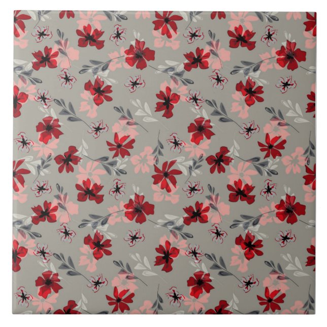 Red pink flowers on a grey background. ceramic tile (Front)