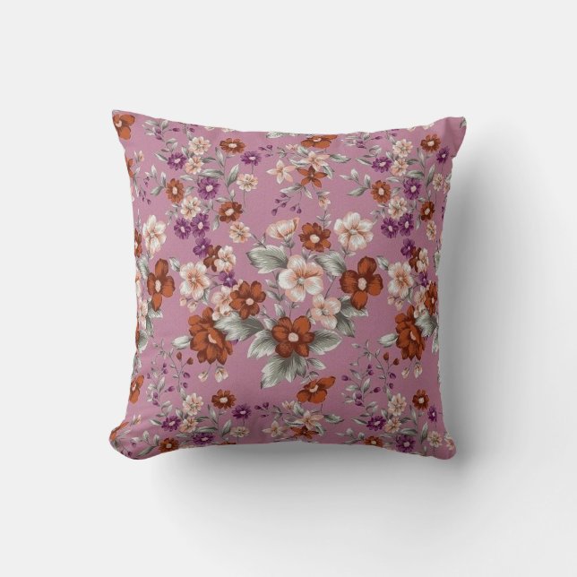 Red & Pink flowers on a Purple Pattern Cushion (Front)