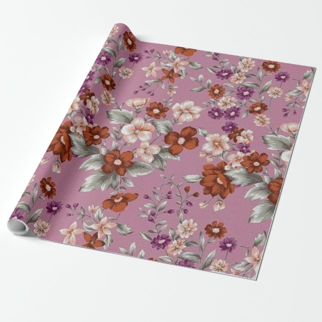 Red & Pink flowers on a Purple Pattern Wrapping Paper (Unrolled)