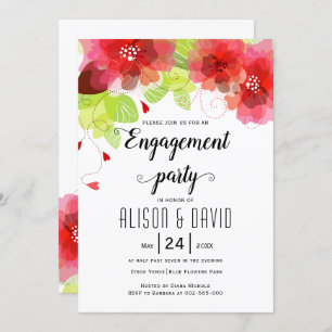Red, pink flowers wedding engagemnet party invitation