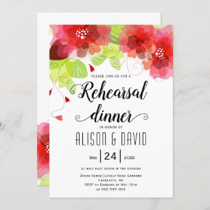 Red, pink flowers wedding rehearsal dinner invitation