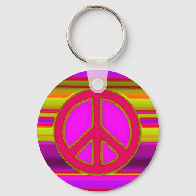 Red Pink Fractal & Peace Sign Key Ring (Front)