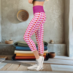 Red Pink Fuchsia Hearts Capri Leggings