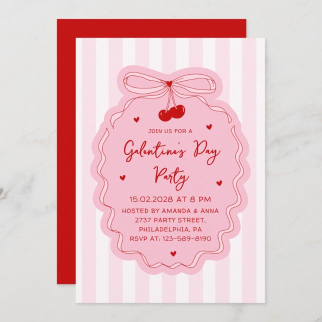 Red Pink Girly Coquette Bow Galentine's Day Party Invitation (Front/Back)
