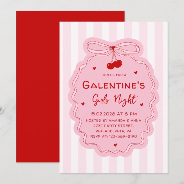 Red Pink Girly Coquette Bow Galentines Girls Night Invitation (Front/Back)
