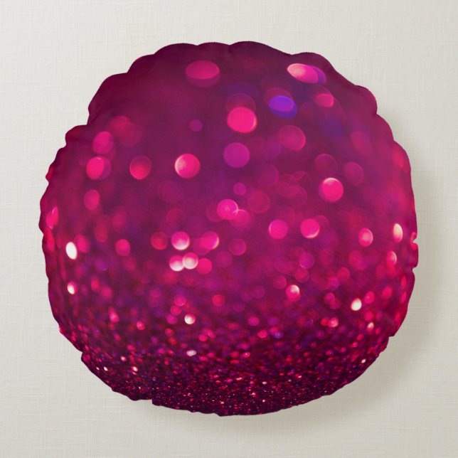 Red Pink Glitter: Abstract Bokeh Round Cushion (Front)