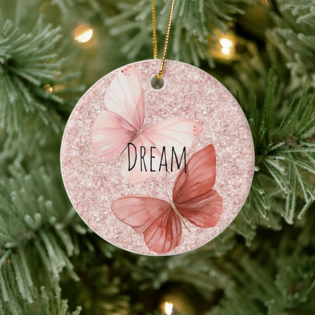 Red Pink Glitter Butterflies Christmas Ceramic Ornament (Tree)