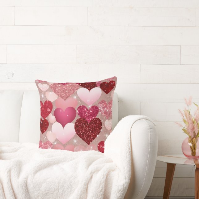 RED & PINK GLITTER LOOK VALENTINE LOVE HEARTS CUSHION (Couch)
