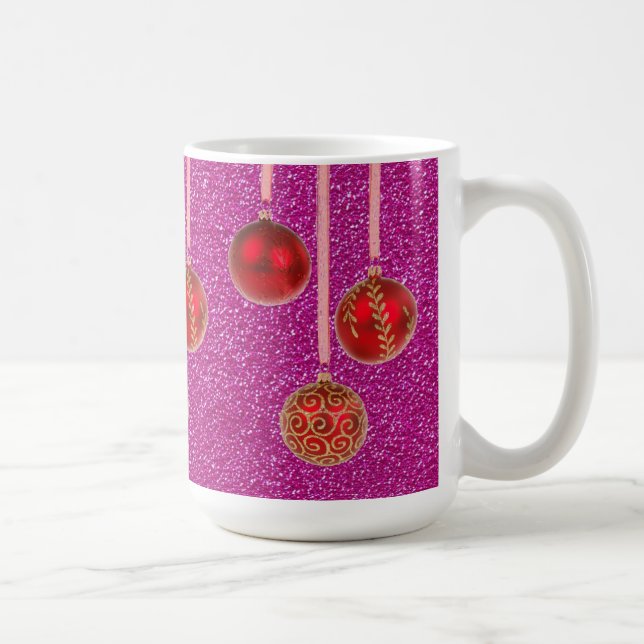 Red Pink Glitter Merry Christmas Baubles Mug (Right)