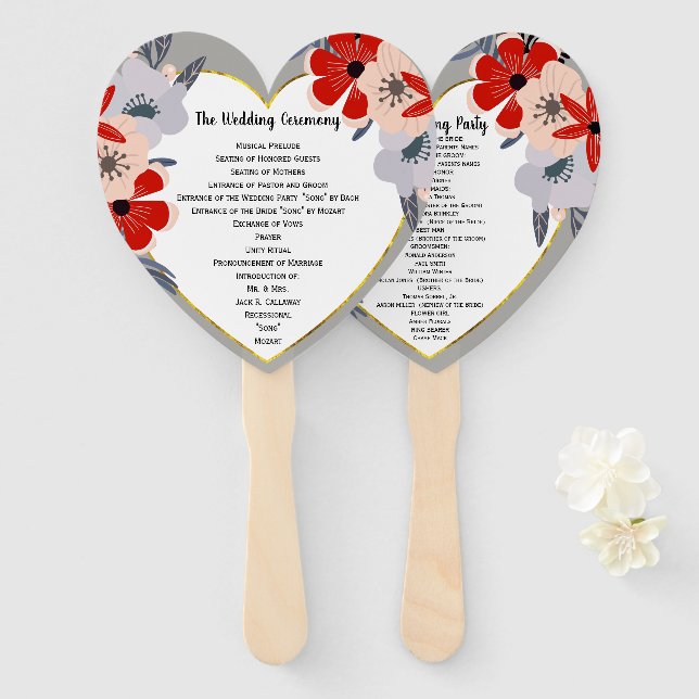 Red Pink Gold Floral Wedding Program Fan (Front and Back)