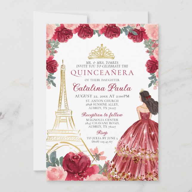 Red Pink Gold Tiara Paris Quinceañera Invitation (Front)