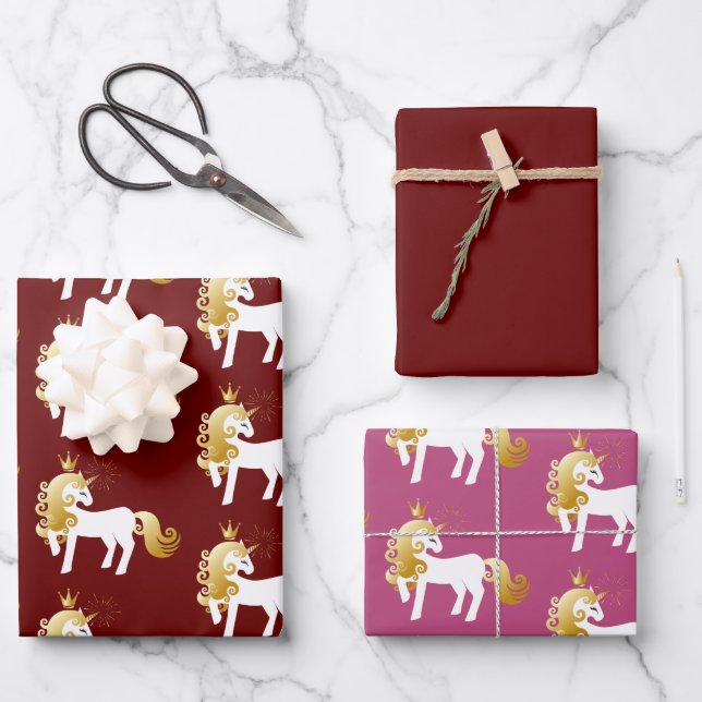 Red Pink Gold White Unicorn   Wrapping Paper Sheet (Front)