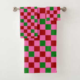 Red Pink Green Chequered Pattern Design Bath Towel Set
