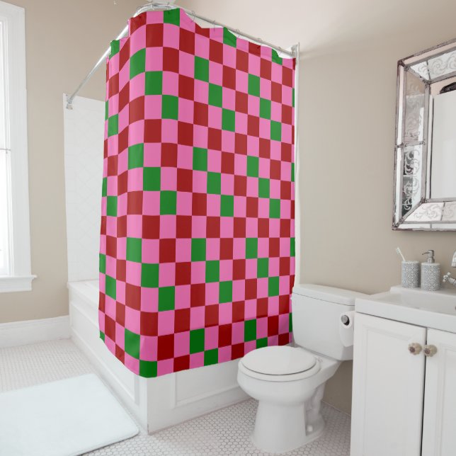 Red Pink Green Chequered Pattern Design  Shower Curtain (In Situ)