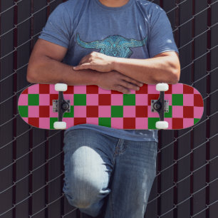 Red Pink Green Chequered Pattern Design Skateboard