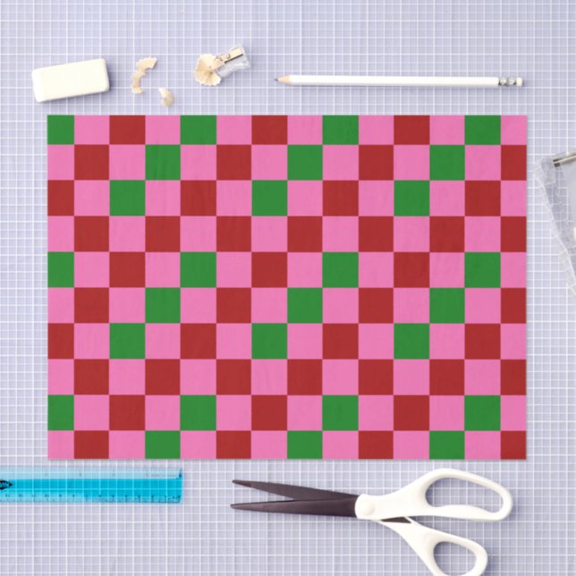 Red Pink Green Chequered Pattern Design  Tissue Paper (Craft)