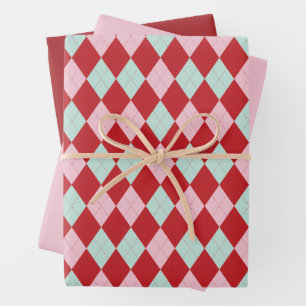 Red Pink & Green Christmas Argyle Wrapping Paper Sheet