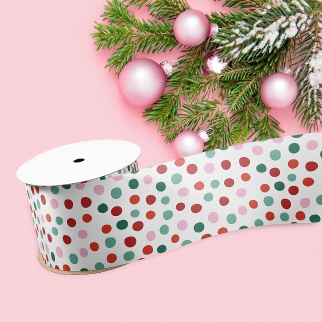 Red, Pink, Green Christmas Cheer Confetti Ribbon Satin Ribbon (Christmas ribbon shown in 3 inches wide. Choose size, and satin or grosgrain finish.)