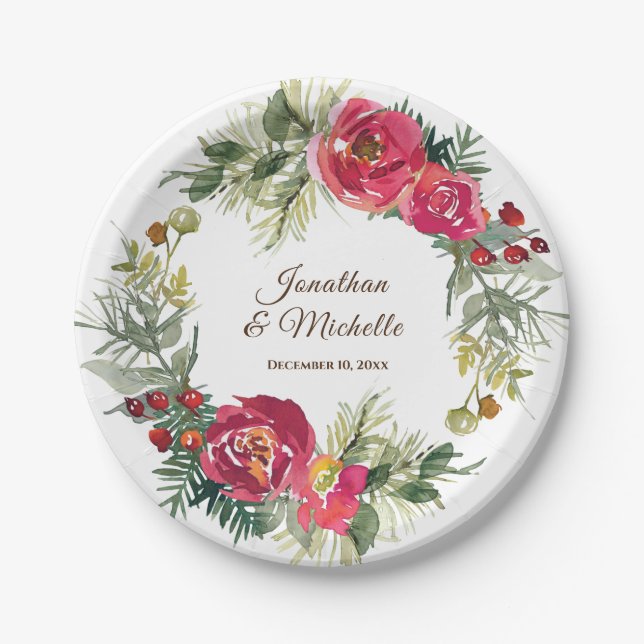 Red Pink Green Floral Christmas Wreath Wedding Paper Plate (Front)